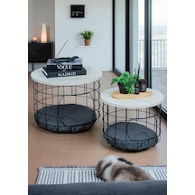 Beyaz Çok Amaçlı Kedi Yuvalı Metal Sepetli 2 Li Orta Sehpa