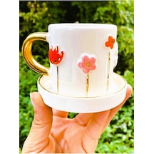 24 Ayar Altın 140 Ml El Yapımı Papatya Mug Daisy Flower Çiçek Lale Beyaz - Çok Renkli