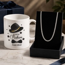 Bk Gift Kişiye Özel Babalar Günü Tasarımlı Beyaz Kupa & Sık Gurmet Zincir Kolye -4, Babalar Günü Hediyesi Gümüş