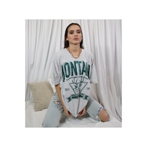 Blackjack Giyim Blackjackgiyim Kadın Gri Montana Baskılı Oversize T-shirt Gri