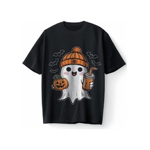 Bumeta Sevimli Hayalet Baskılı Cadılar Bayramı Halloween Oversize Unisex Tişört T-shirt Siyah