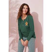 Siyah İnci Düğmeli Pamuklu Örme Pijama Takım 24240143 Yeşil