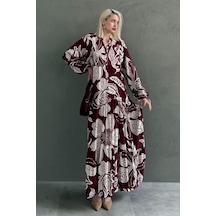 Madmext Bordo Desenli Düğmeli Uzun Kollu Elbise Mg2397 Bordo