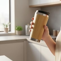 450 Ml Bambu Kaplama Tabanlı Çelik Termos - Sıcak Ve Soğuk Tutucu Gümüş Renkli Seyahat Bardağı Mug Açık Beyaz