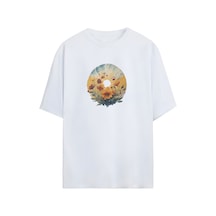 Noıssey Ayçiçeği Tasarımlı Unisex Oversize T-shirt Beyaz