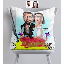 Kişiye Özel Gelin Damat Karikatürlü Saten Yastık - 10