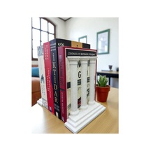 Dekoratif Roma Sütunu Kitap Tutucu İkili Set Mermer Beyaz Kitaplık