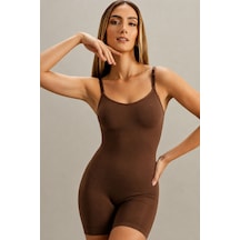 Kadın Kalp Yaka Sportif Etki Kahverengi Body
