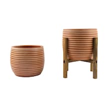 Bitki Tasarımı Ev Dekorasyon Yan Çizgi Desenli Toprak Saksı Saksılık Salon Çiçeklik İkili Set Ayaksız - 4 Ayaklı- 19 CM