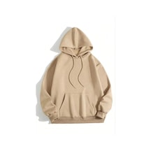Kadın Kapüşonlu Kanguru Cepli 3 İplik Pamuklu Düz Hoodie Sweatshirt - Bej