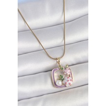 316l Çelik Gold Renk Zincir Mor Mineli Kare Model Çiçek İşlemeli İnci Detay Kadın Kolye Diğer