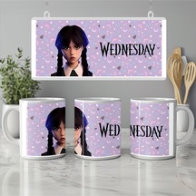 Wednesday Addams Kupa Bardak Gotik Tarz Mor Arka Planlı Tasarım - Dizi Temalı Hediye Beyaz