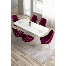 Canisa Tia Serisi, Siyah Mermer Desen 80x132 Açılabilir Mdf Yemek Odası Takımı 6 Mürdüm Sandalye Gold Detay Masa Beyaz Sandalye Mürdüm