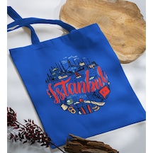 Bk Gift İstanbul Tasarımlı-1 Mavi Kumaş Bez Çanta, Baskılı Omuz Çantası, Alışveriş Çantası, Arkadaşa Hediye