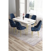 Canisa Tia Serisi 80x132 Açılabilir Mdf Beyaz Gold Detay Mutfak Masası Takımı Ve 6 Lacivert Sandalye Masa Beyaz Sandalye Lacivert