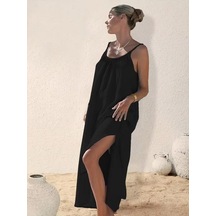 Efnaz Style Kadın Ip Askılı Yuvarlak Yaka Yırtmaçlı Uzun Müslim Elbise Siyah