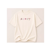 Herkesemoda Minimal Baskı Detaylı Kadın Bisiklet Yaka Pamuklu T-shirt Krem