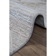 Gri Bej Polyester Halı Tozumaz Saçaklı Salon Oturma Çocuk Odası Yolluk Makine Bej