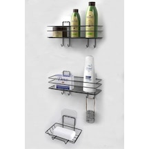 Siyah Yapışkanlı Metal Kancalı Raf Ve Sabunluk Seti Banyo Ve Mutfak Rafı Siyah