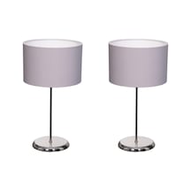 2 Adet Gri Kumaş Şapkalı Krom Kaplamalı Metal Ayak Abajur Siyah