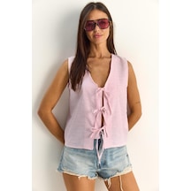 Shade Kadın %100 Pamuk Kalın Askılı Önden Bağlama Detaylı Çizgili Peplum Bluz 60282045 - Beyaz-pembe Çok Renkli