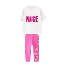 Lolliboomkids Kız Çocuk 3d Nakış Slogan Yazlı Detaylı Have A Nice Day Pamuklu Tshirt Tayt Alt Üst Takım Pembe / Beyaz Pembe - Beyaz