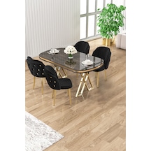 Canisa Zae Serisi 90x168 Lak Panel Antrasit Ironi Gold Ayak Masa Takımı 4 Siyahsandalye Antrasit İroni Masa Siyah Sandalye Ayaklar Gold