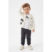 Toontoy Kids Toontoy Erkek Çocuk 3'lü Eşofman Takımı Uzun Kollu Bisiklet Yaka Nakışlı T-shirt - Kapüşonlu Fermuarlı Hırka- Beli Paçası Lastikli Eşofman Altı 25043 Füme