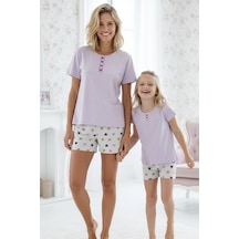 Siyah İnci Lila Desenli Pamuklu Bisiklet Yaka Örme Şortlu Pijama Takım