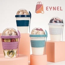 Renkli Take And Go Kaşıklı Hazneli Meyveli Yoğurt Kabı Piknik Iş Atıştırmalık Diyet Müsli Granola Süt Bardağı Gece Mavisi Bakır