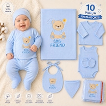 Petino Little Friend 10 Parça Yenidoğan Erkek Bebek Hastane Çıkış Seti %100 Pamuk Mavi Ayıcıklı Battaniyeli Premium Set Bebe Mavisi