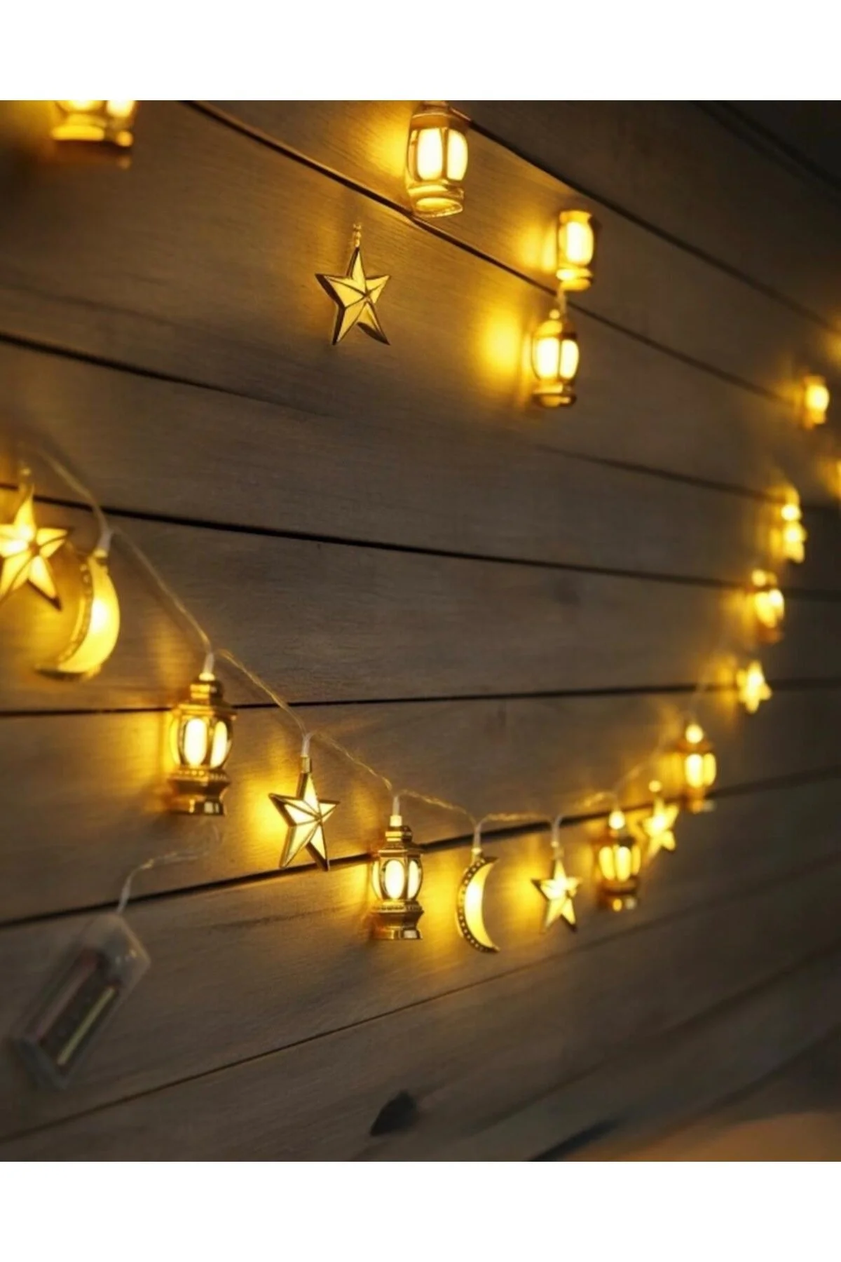 Ramazan Temalı Hilal Yıldız Kandil Figürlü 4 Metre Pilli Aydınlatma Ramazan Süsü Gold