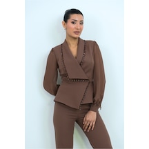 Dorne Moda Boncuk Detaylı Şifon Kol - Premium Takım - Düğün - Mezuniyet - Ofis Şıklığı Kahverengi Kahverengi