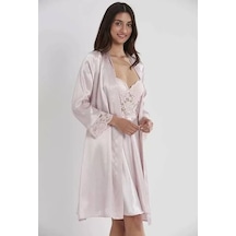 Pierre Cardin Kadın Saten Gecelik Sabahlık Takım-13784 Pudra
