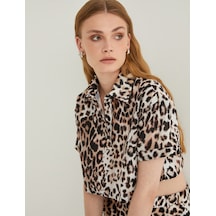 Koton Oversize Leopar Desenli Crop Gömlek Kısa Kollu Siyah Desenli 4sak60203ew Siyah Desenli