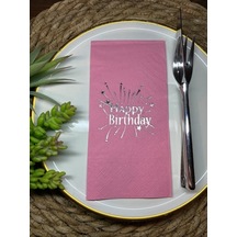 Gümüş Yaldızlı Pembe Happy Bırthday Garson Katlama Peçete 16 lı