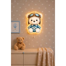 Ahşap Ayıcık Pilli Ledli Gece Lambası Yıldız Sticker Hediyeli Bebek Çocuk Odası Mavi