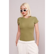 Açık Yeşil Bisiklet Yaka Basic Kadın T-shirt Mg2479 Yeşil