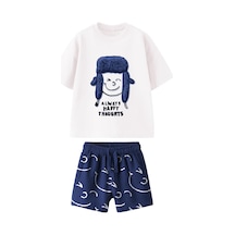 Erkek Çocuk 3d Peluş Nakış Uşanka Şapka Detaylı Pamuklu T-shirt Şort Alt Üst Takım Lacivert Ekru Çok Renkli