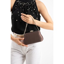 Lebibe Shoes Polkıa Kahverengi Saten Kumaş Puantiye Desenli Zincir Askılı Klips Kapamalı Clutch Çanta