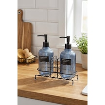 Buççin Online Mağaza Modern Çizgili Yuvarlak Cam Ikili Sıvı Sabunluk & Deterjanlık Seti, Mavi - 500 Ml Cam Sabunluk Cam M Çok Renkli