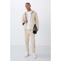 Tommy Life Bej Kompakt Pamuklu Kalın Pürüzsüz Dokulu Kapüşonlu Comfort Fit Erkek Eşofman Takım - 85262 Bej