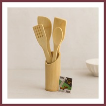 Storeşahin Ahşap Bambu Mutfak Servis Seti 5 Parça Kaşık, Çatal, 2 Spatula, Stand 27.5/30 Cm Shn0720