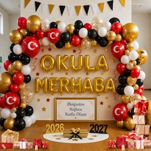 İlköğretim Haftası Konulu Okula Merhaba Gold Folyo Harfler Beyaz Kırmızı Siyah Gold Balonlar Okul Sınıf Pano Süsleme