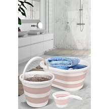 3'lü Set Katlanır Çamaşır Sepeti - Katlanabilir Akordiyon Su Kovası - Katlanır Koçero Pembe