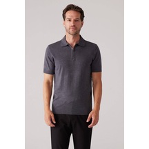 Erkek Koyu Gri Slim Fit Fermuar Detaylı Polo Yaka Triko Tişört