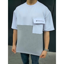 Barlashive Erkek Tişört Torba Cepli Parçalı Kısa Kol T-shirt - Gri Çok Renkli
