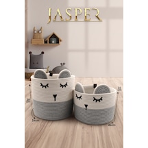 Jasper Gri Jüt İp 2'li Panda Tasarımlı Çok Amaçlı Çocuk Odası Oyuncak Kıyafet Kirli Sepeti Organizer Beyaz