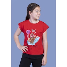 Toontoy Kids Toontoy Kız Çocuk Garni Detaylı Taş İşlemeli Baskılı Tişört Kırmızı