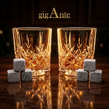 Gigante Deluxe Bohemia Kristal Viski Bardağı Seti, 320 Ml, 2 Bardak Ve 6 Mermer Viski Taşı, Kristal Kesim Desen, Hediye Kutusu Şeffaf